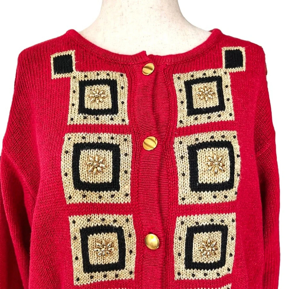 Vintage 90s Red, Black and Gold Geometric Lise J Holiday Style Cardigan Medium - Picture 2 of 6